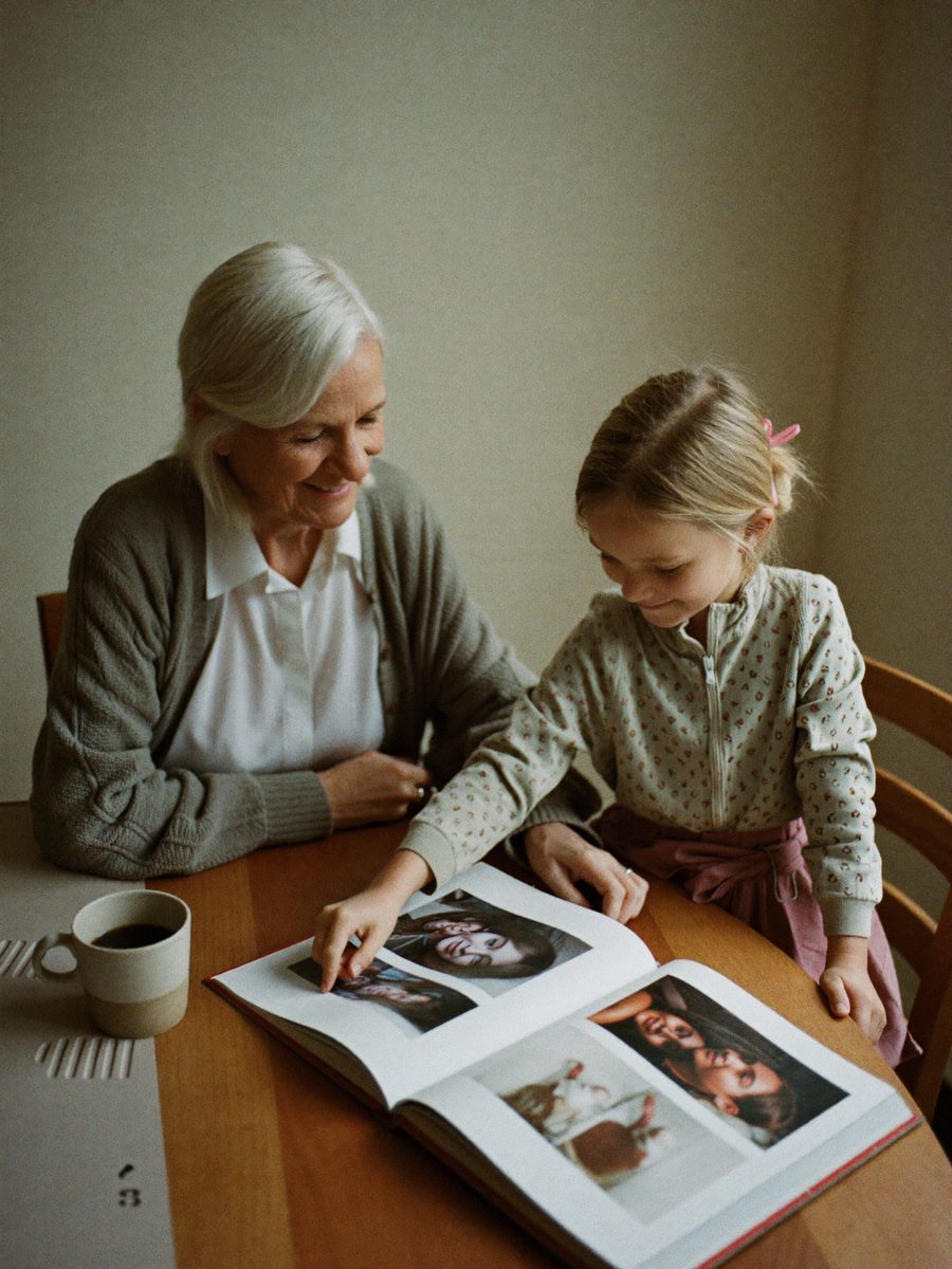 A grandmother and her granddaughter looking through a family photo album together at the kitchen table